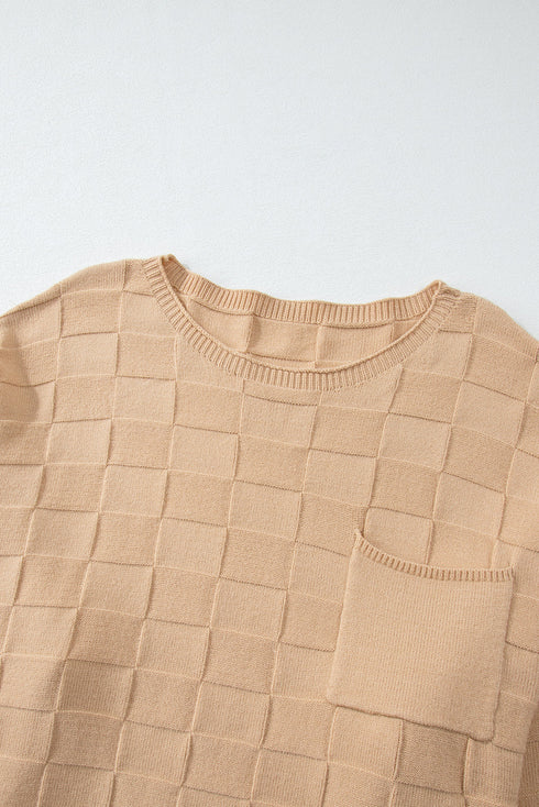 Modern Checkered Pattern Textured Knit Sweater