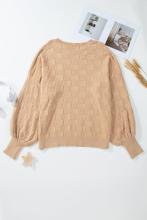 Modern Checkered Pattern Textured Knit Sweater