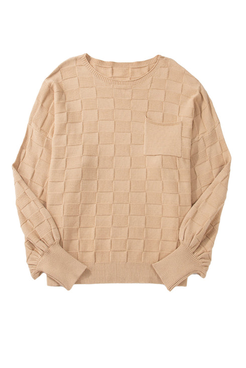 Modern Checkered Pattern Textured Knit Sweater