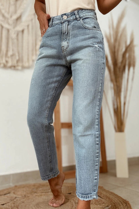 Modern Classic Slightly Distressed Straight Ankle Denim Jeans