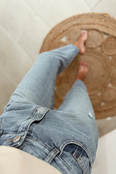 Modern Classic Slightly Distressed Straight Ankle Denim Jeans