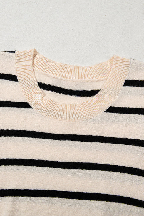 Modern Classic Striped Round Neck Puffed Sleeve Knit Top