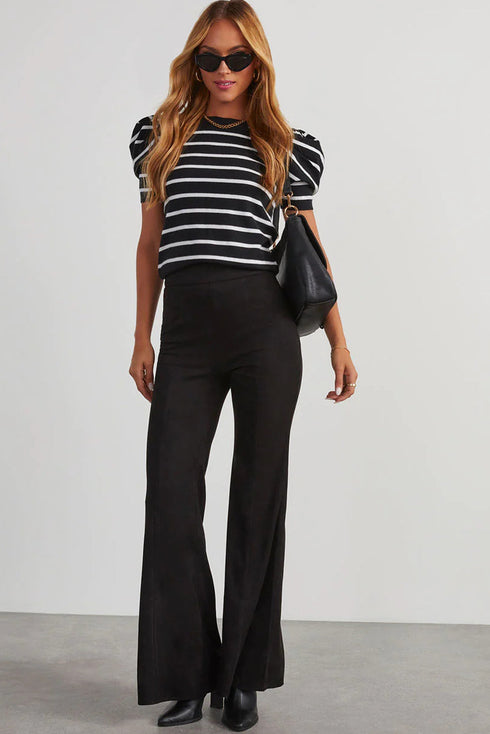 Modern Classic Striped Round Neck Puffed Sleeve Knit Top