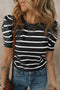 Modern Classic Striped Round Neck Puffed Sleeve Knit Top