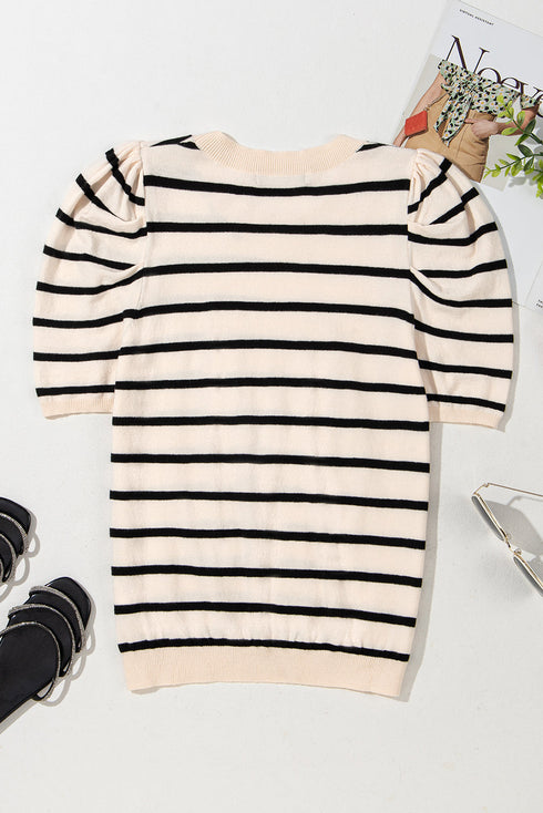 Modern Classic Striped Round Neck Puffed Sleeve Knit Top
