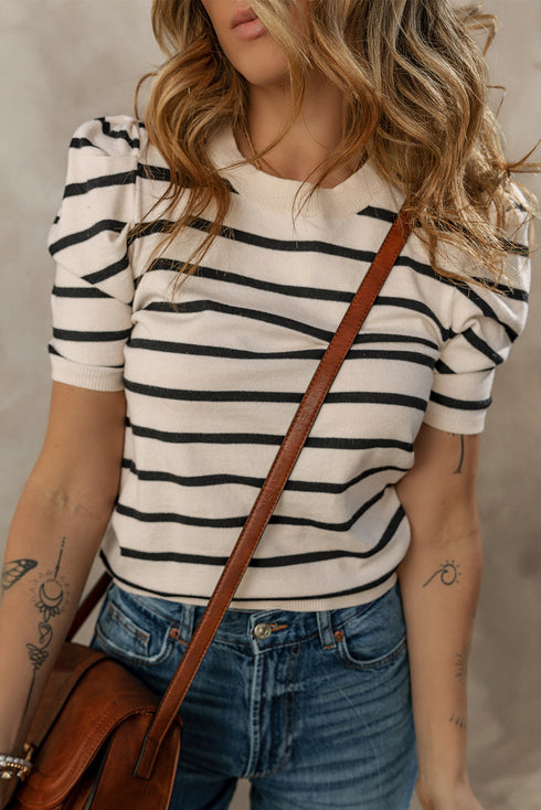 Modern Classic Striped Round Neck Puffed Sleeve Knit Top