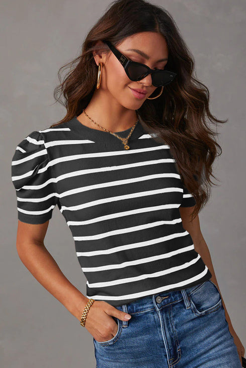 Modern Classic Striped Round Neck Puffed Sleeve Knit Top