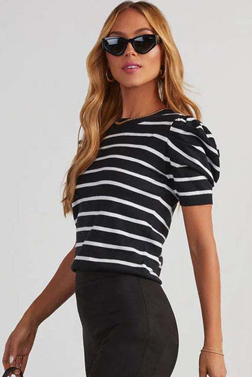 Modern Classic Striped Round Neck Puffed Sleeve Knit Top