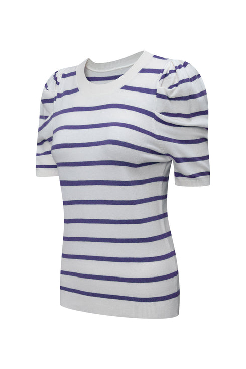 Modern Classic Striped Round Neck Puffed Sleeve Knit Top