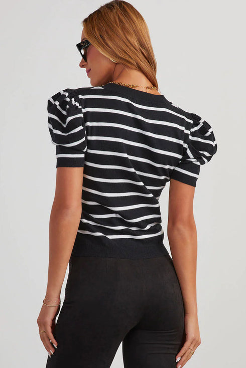 Modern Classic Striped Round Neck Puffed Sleeve Knit Top