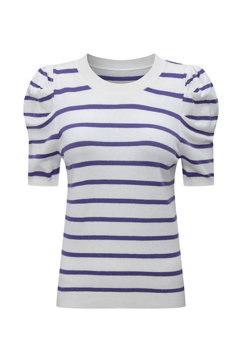Modern Classic Striped Round Neck Puffed Sleeve Knit Top