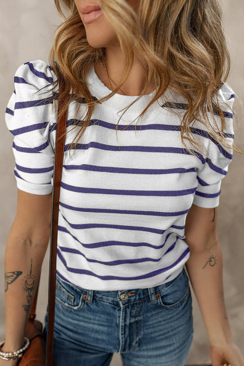Modern Classic Striped Round Neck Puffed Sleeve Knit Top