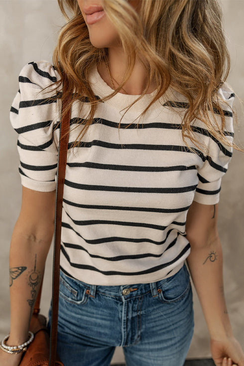 Modern Classic Striped Round Neck Puffed Sleeve Knit Top