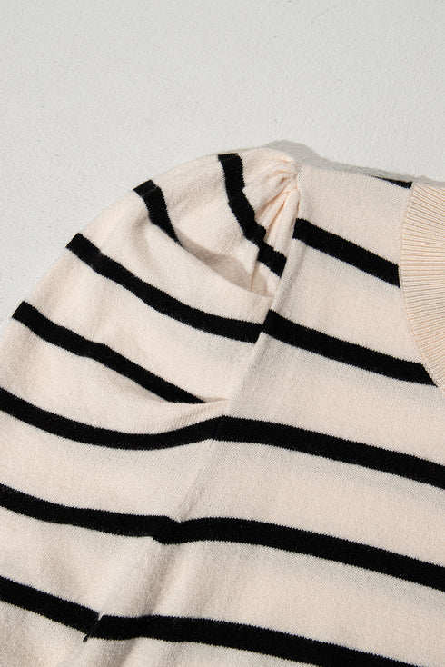 Modern Classic Striped Round Neck Puffed Sleeve Knit Top