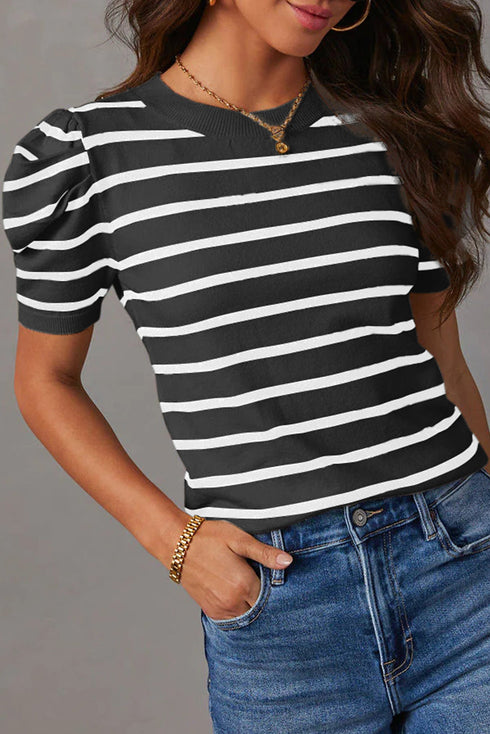 Modern Classic Striped Round Neck Puffed Sleeve Knit Top