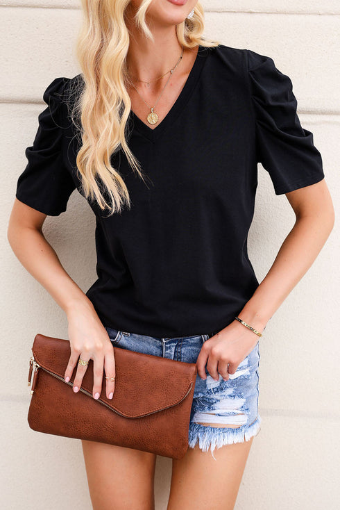 Modern Cotton Blend Puff Sleeve V Neck Shirt