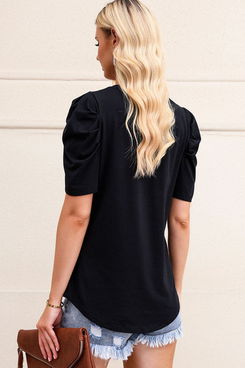 Modern Cotton Blend Puff Sleeve V Neck Shirt
