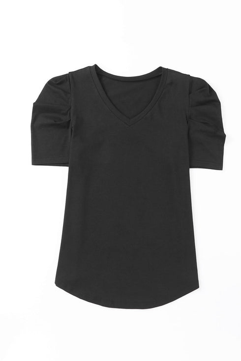 Modern Cotton Blend Puff Sleeve V Neck Shirt