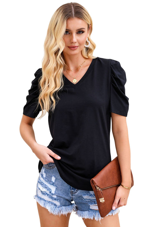 Modern Cotton Blend Puff Sleeve V Neck Shirt