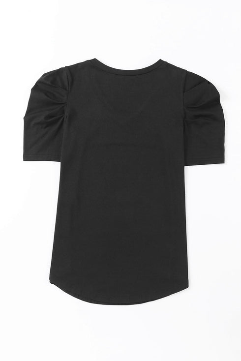 Modern Cotton Blend Puff Sleeve V Neck Shirt