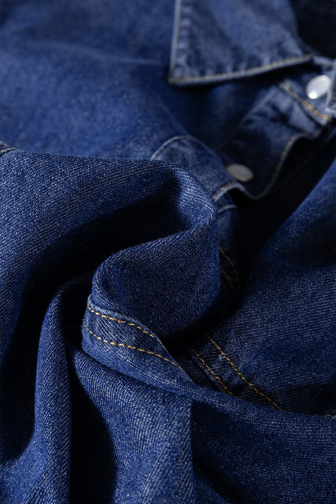 Modern Denim Long Sleeve Flared Shirt Collar Mini Dress