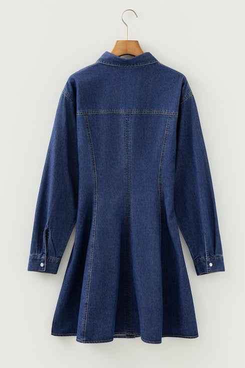 Modern Denim Long Sleeve Flared Shirt Collar Mini Dress