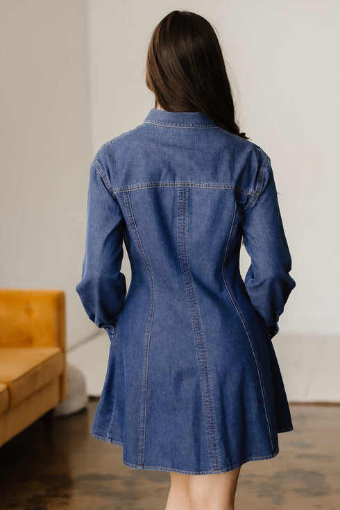 Modern Denim Long Sleeve Flared Shirt Collar Mini Dress