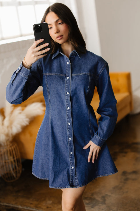 Modern Denim Long Sleeve Flared Shirt Collar Mini Dress