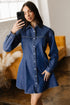 Modern Denim Long Sleeve Flared Shirt Collar Mini Dress