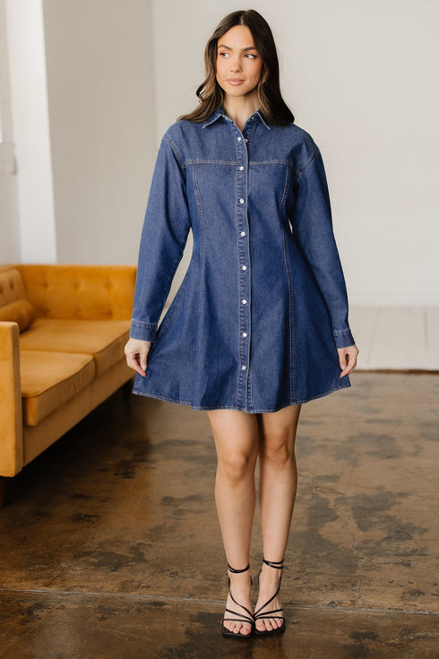 Modern Denim Long Sleeve Flared Shirt Collar Mini Dress