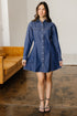 Modern Denim Long Sleeve Flared Shirt Collar Mini Dress