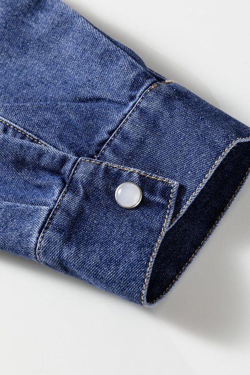 Modern Denim Long Sleeve Flared Shirt Collar Mini Dress