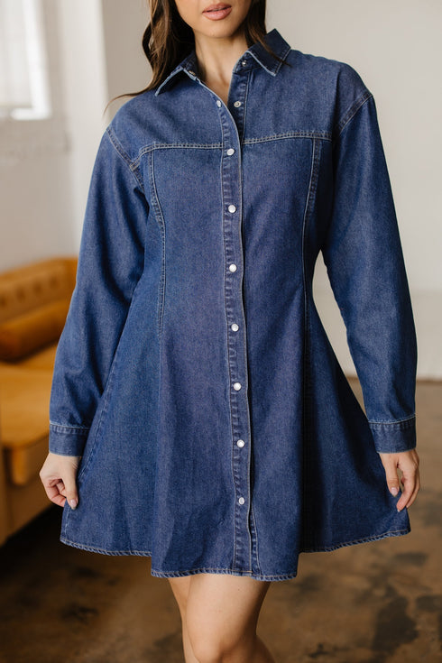 Modern Denim Long Sleeve Flared Shirt Collar Mini Dress