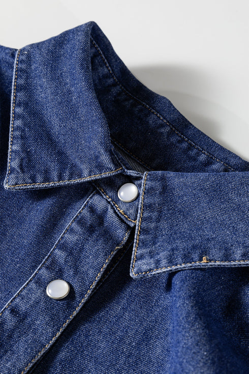 Modern Denim Long Sleeve Flared Shirt Collar Mini Dress