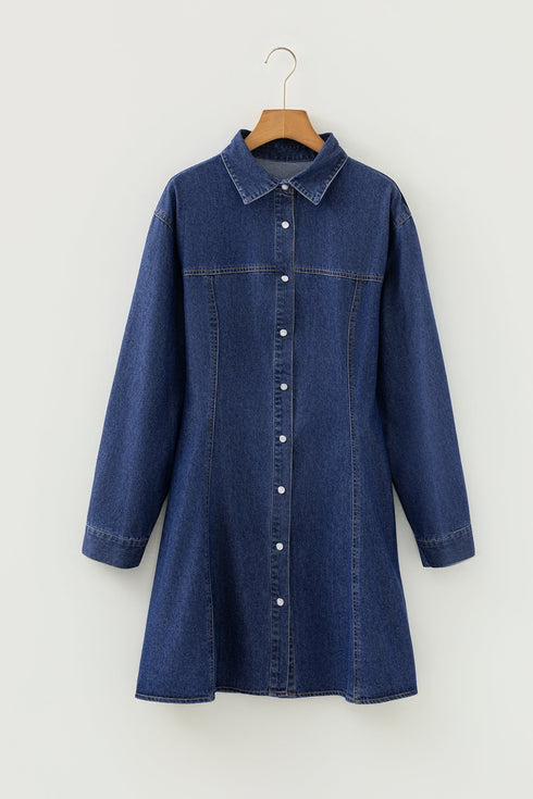 Modern Denim Long Sleeve Flared Shirt Collar Mini Dress