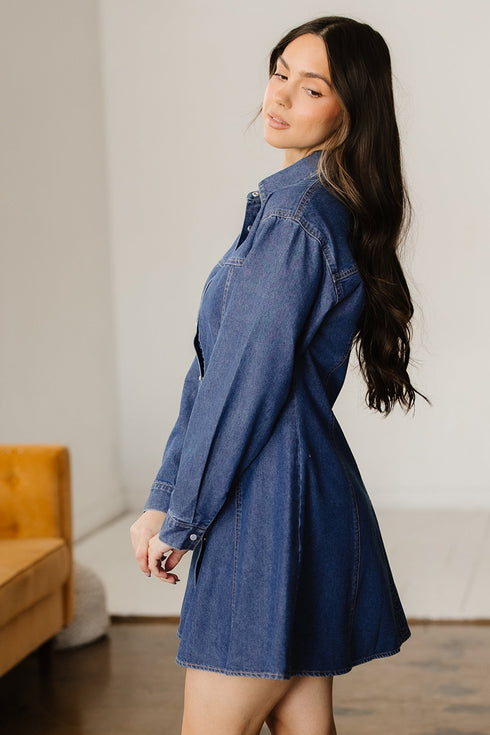 Modern Denim Long Sleeve Flared Shirt Collar Mini Dress
