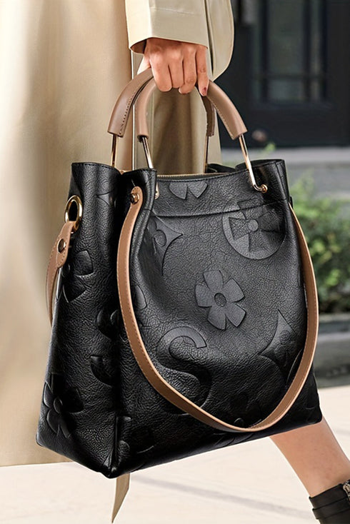Modern Embossed Floral Faux Leather Top Handle Shoulder Bag