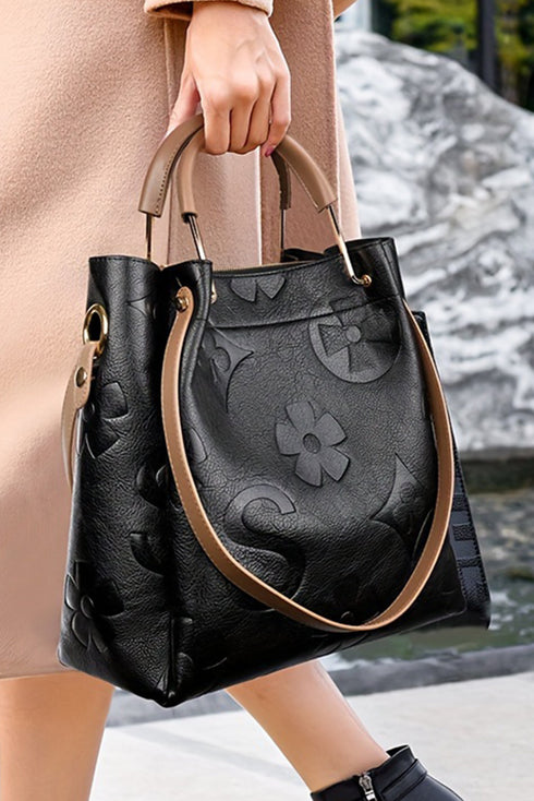 Modern Embossed Floral Faux Leather Top Handle Shoulder Bag
