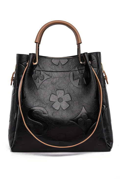 Modern Embossed Floral Faux Leather Top Handle Shoulder Bag