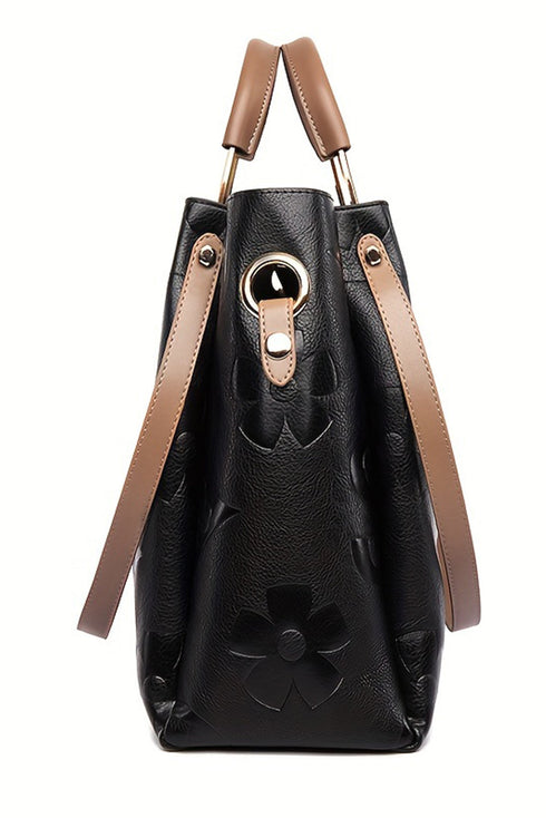 Modern Embossed Floral Faux Leather Top Handle Shoulder Bag