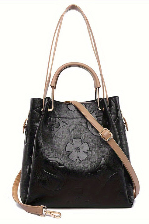 Modern Embossed Floral Faux Leather Top Handle Shoulder Bag