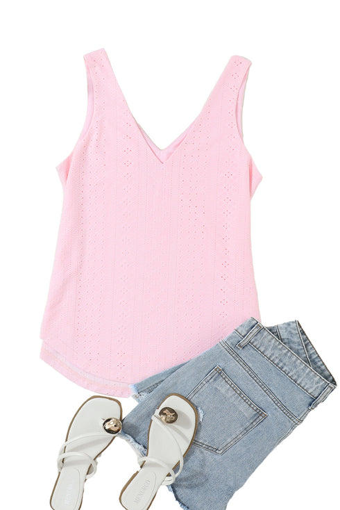 Modern Eyelet Knit Patterned Loose V Neck Tank Top