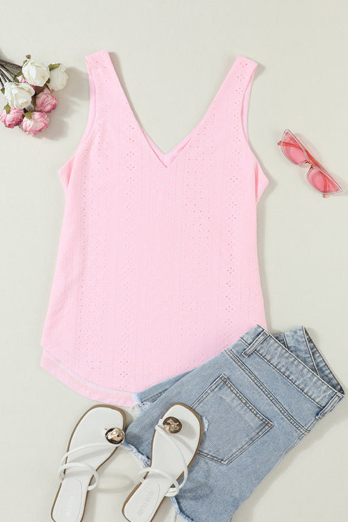 Modern Eyelet Knit Patterned Loose V Neck Tank Top