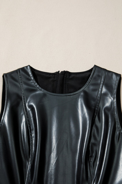 Modern Faux Leather Ruffle Hem Sleeveless Mini Dress