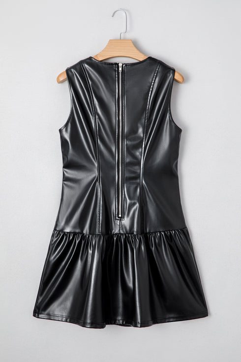 Modern Faux Leather Ruffle Hem Sleeveless Mini Dress