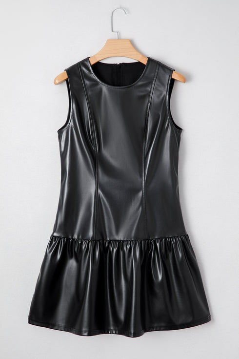 Modern Faux Leather Ruffle Hem Sleeveless Mini Dress
