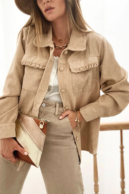 Modern Frilled Pocket Button Up Corduroy Shirt Jacket