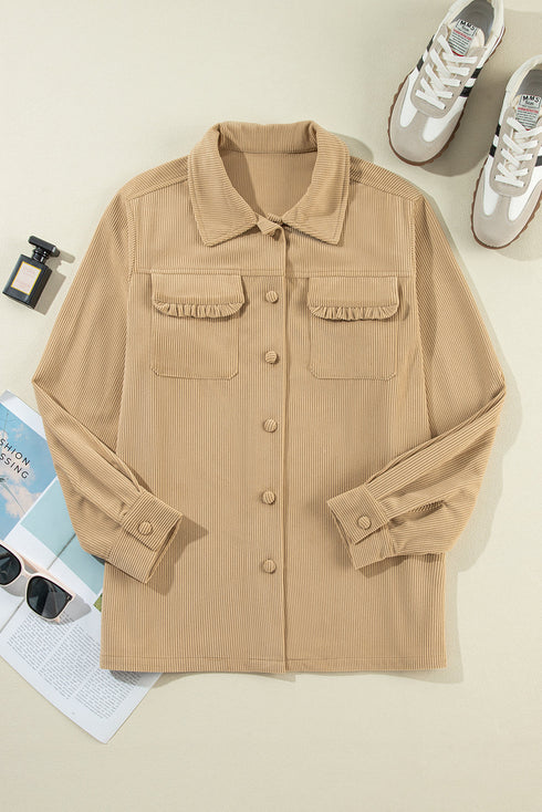 Modern Frilled Pocket Button Up Corduroy Shirt Jacket
