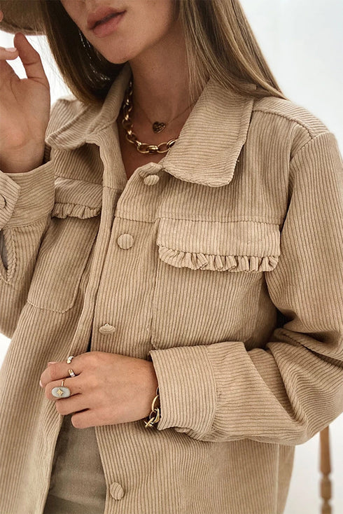 Modern Frilled Pocket Button Up Corduroy Shirt Jacket