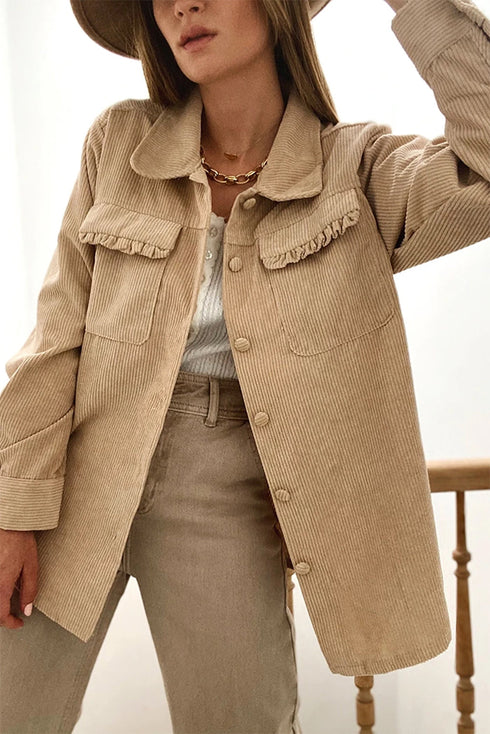 Modern Frilled Pocket Button Up Corduroy Shirt Jacket
